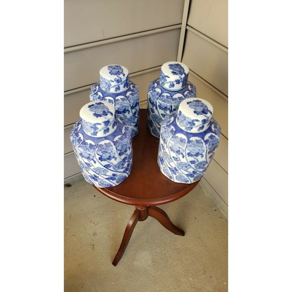 4 Jars, 8"inch Vintage Blue and White Ginger Jar Flowers Motif Spiral Form Shape - Picture 2 of 12